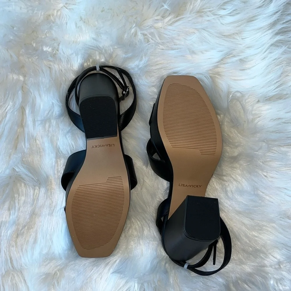 🆕 Lisa Vicky Leather Strappy Platform Heel Sandals Black Size 8
